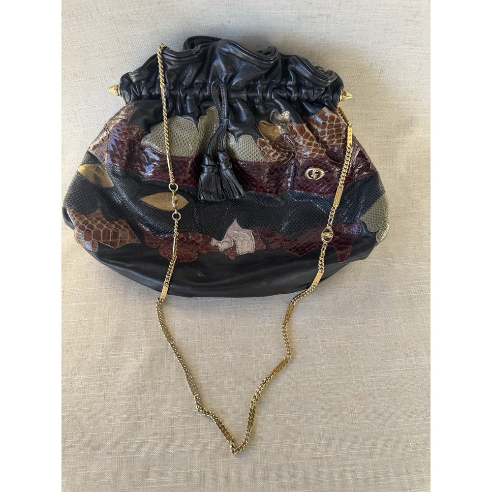 Vintage Patchwork Leather Evening Bag Black Gold Chain Exotic Skins Tassel Italy
